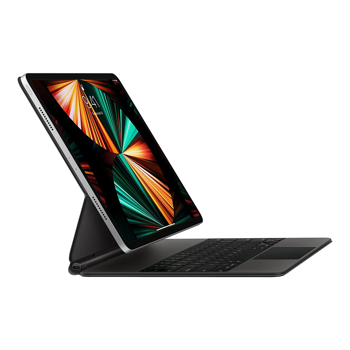 Ein iPad Pro mit Tastatur steht aufrecht. Auf dem Bildschirm ist ein farbenfrohes Muster zu sehen.