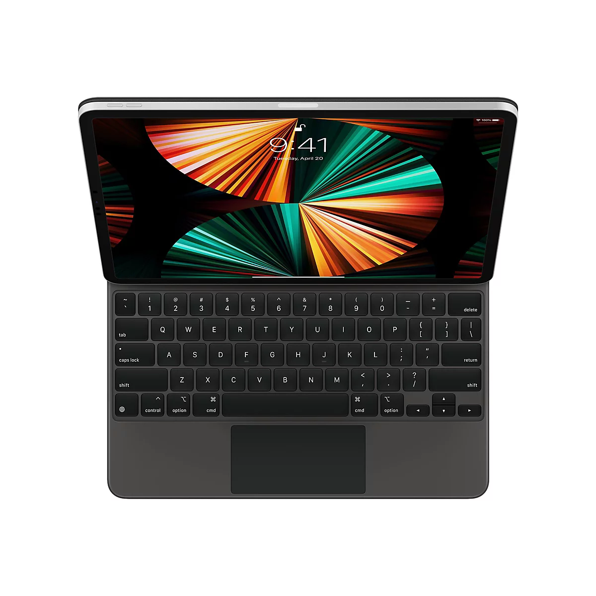 iPad Pro mit angeschlossenem Keyboard. Der Bildschirm zeigt 9:41 Uhr. Schwarzes Keyboard mit Touchpad.