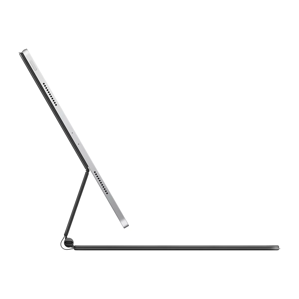 Graues Tablet mit Tastatur, schrÃ¤g von der Seite, freigestellt.