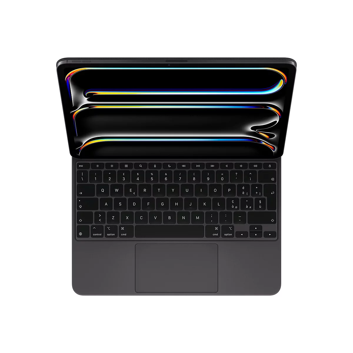 Schwarzes Tablet mit geÃ¶ffnetem Bildschirm und Tastatur. Das Display zeigt bunte Lichtreflexe. Das Tablet liegt auf weiÃŸem Hintergrund.