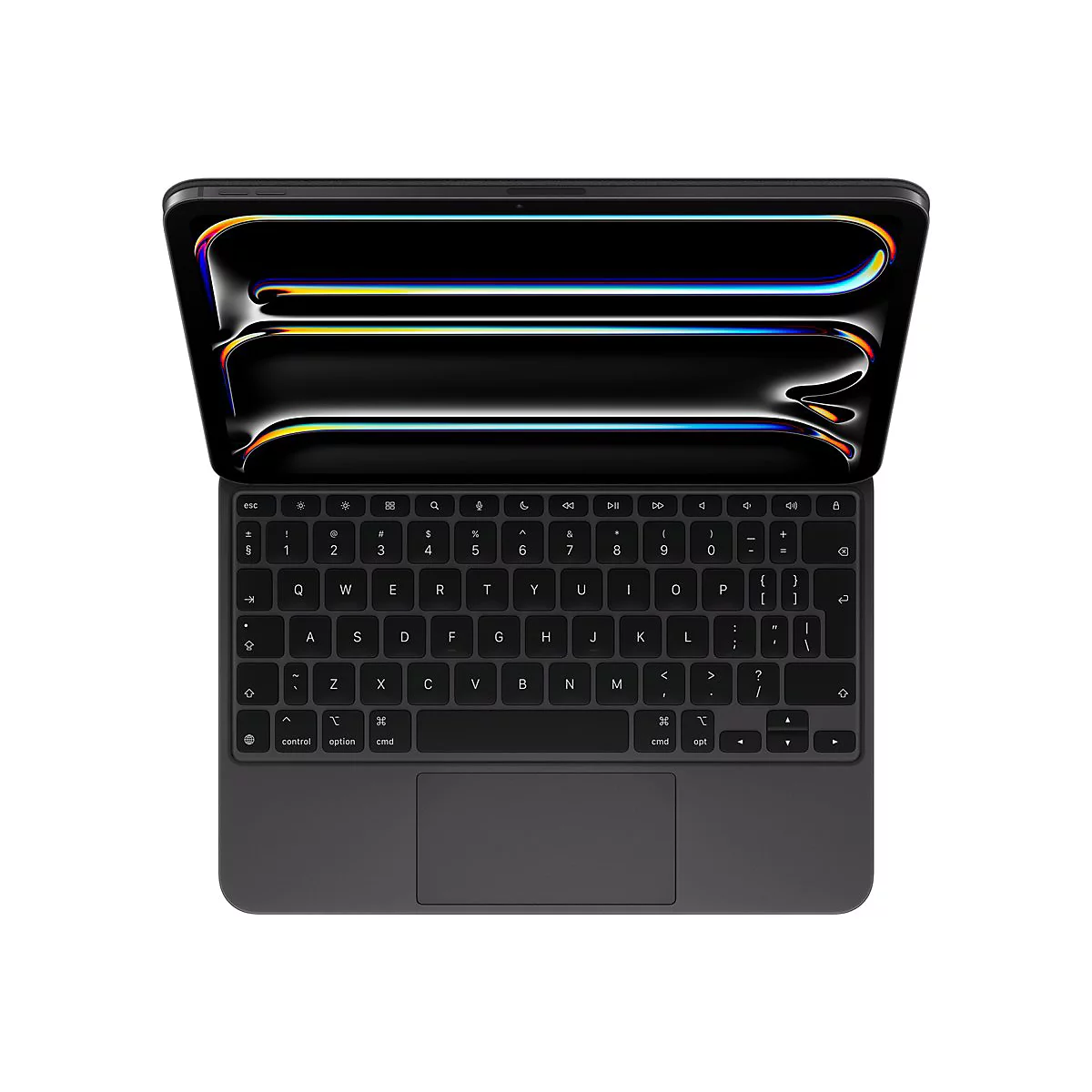 Draufsicht auf ein schwarzes Tablet mit angeschlossener Tastatur. Die Tastatur zeigt ein Tastaturlayout mit einer silbernen Hintergrundbeleuchtung.