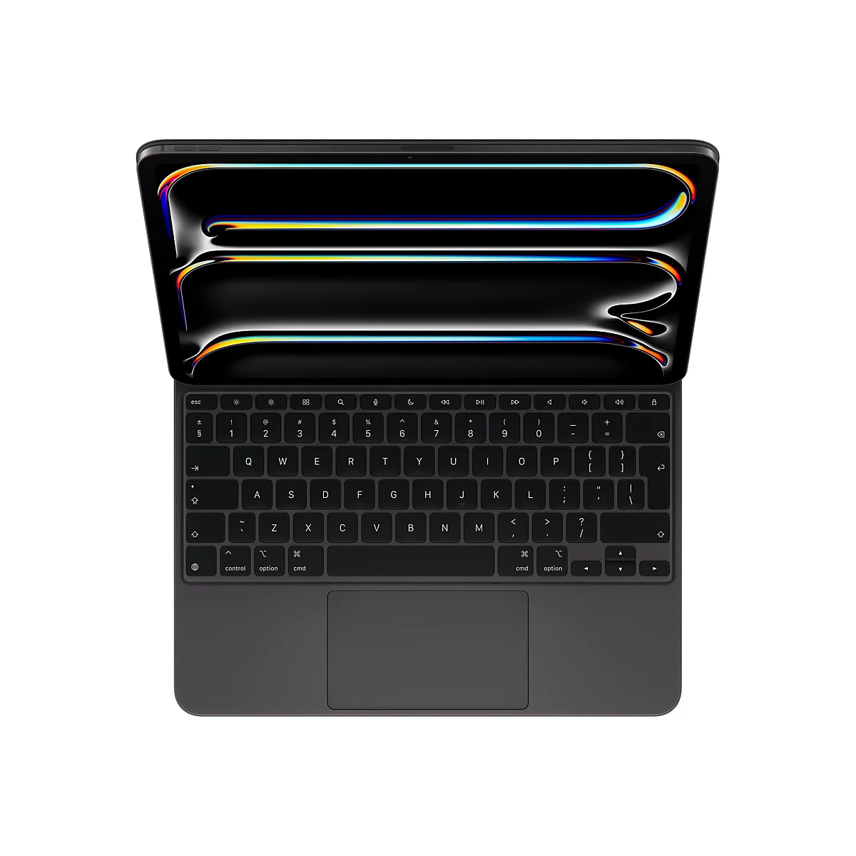 Dunkelgraues MacBook von oben mit geöffnetem Display. Die Tastatur liegt im Fokus, der Bildschirm zeigt ein abstraktes, farbenfrohes Design.