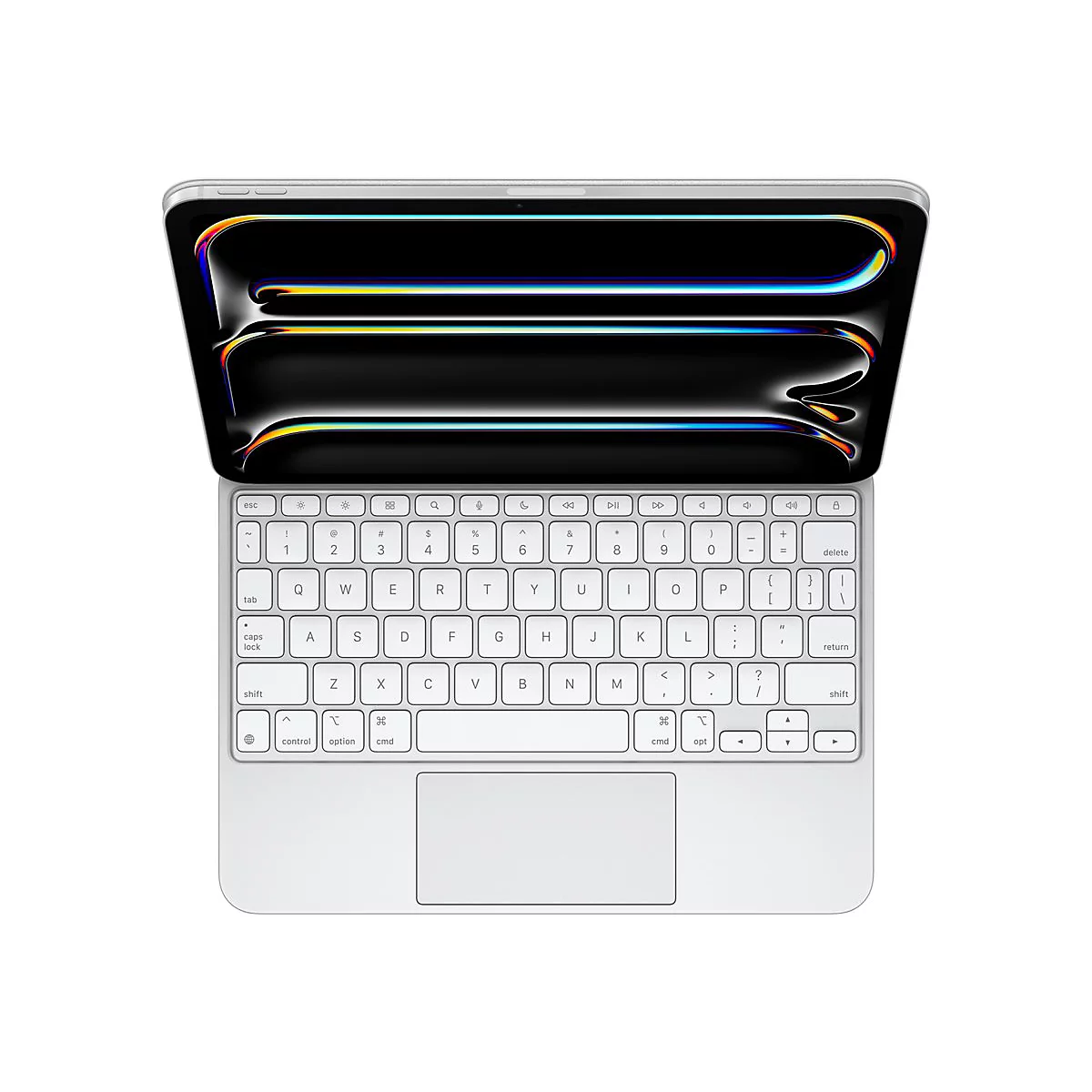 Draufsicht auf ein weißes Tablet mit angeschlossener Tastatur, die Buchstaben und Symbole aufweist.