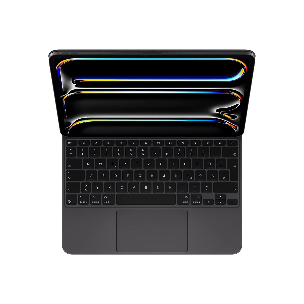 Dunkelgraues Apple Magic Keyboard mit einem schwarzen Display, das geöffnet ist. Die Tastatur zeigt Tasten, Trackpad und einfarbige Grafik.