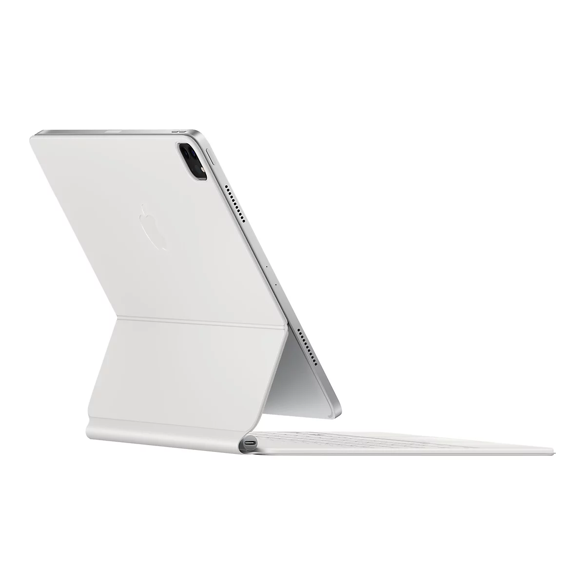 Ein weiÃŸes iPad Pro steht auf einer Tastatur. Es ist leicht geneigt und zeigt das Apple-Logo.