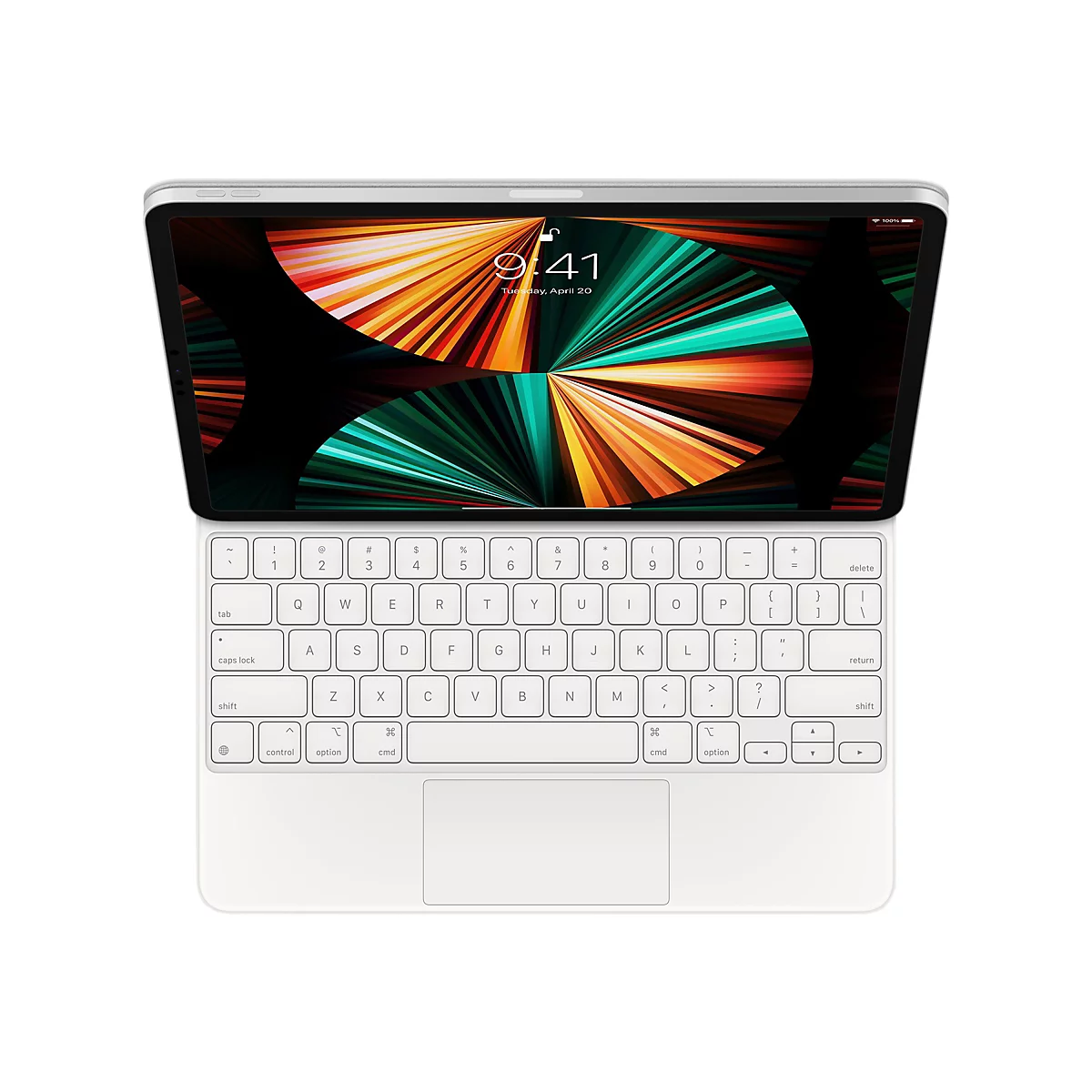 Das iPad Pro mit angeschlossenem Magic Keyboard, im Vordergrund die weiÃŸe Tastatur und das Trackpad. Auf dem Bildschirm ist 9:41 Uhr zu sehen.