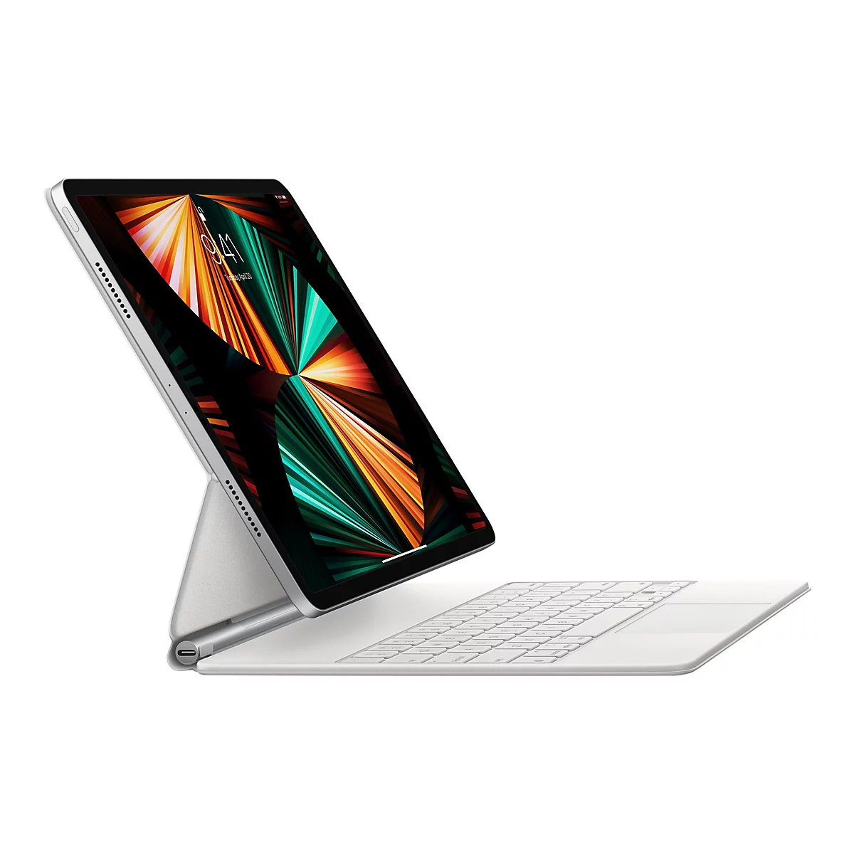Ein silbernes Apple iPad Pro, an eine weiÃŸe Tastatur angeschlossen, die als StÃ¤nder dient.