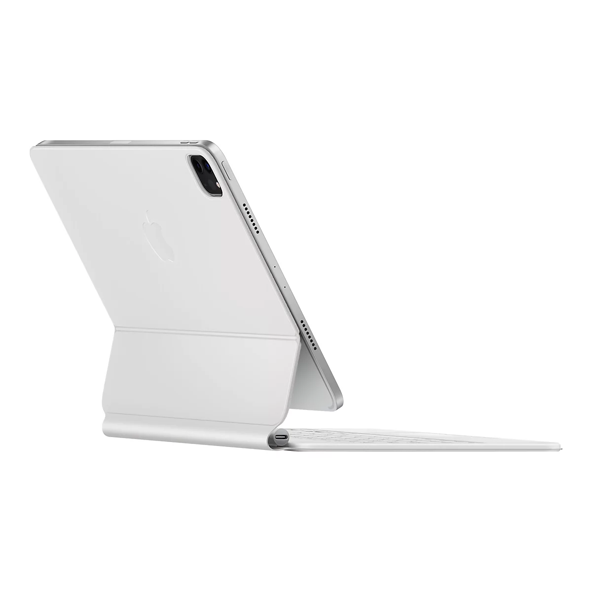 WeiÃŸes Apple iPad Pro mit Magic Keyboard, teilweise geÃ¶ffnet, auf weiÃŸem Hintergrund.
