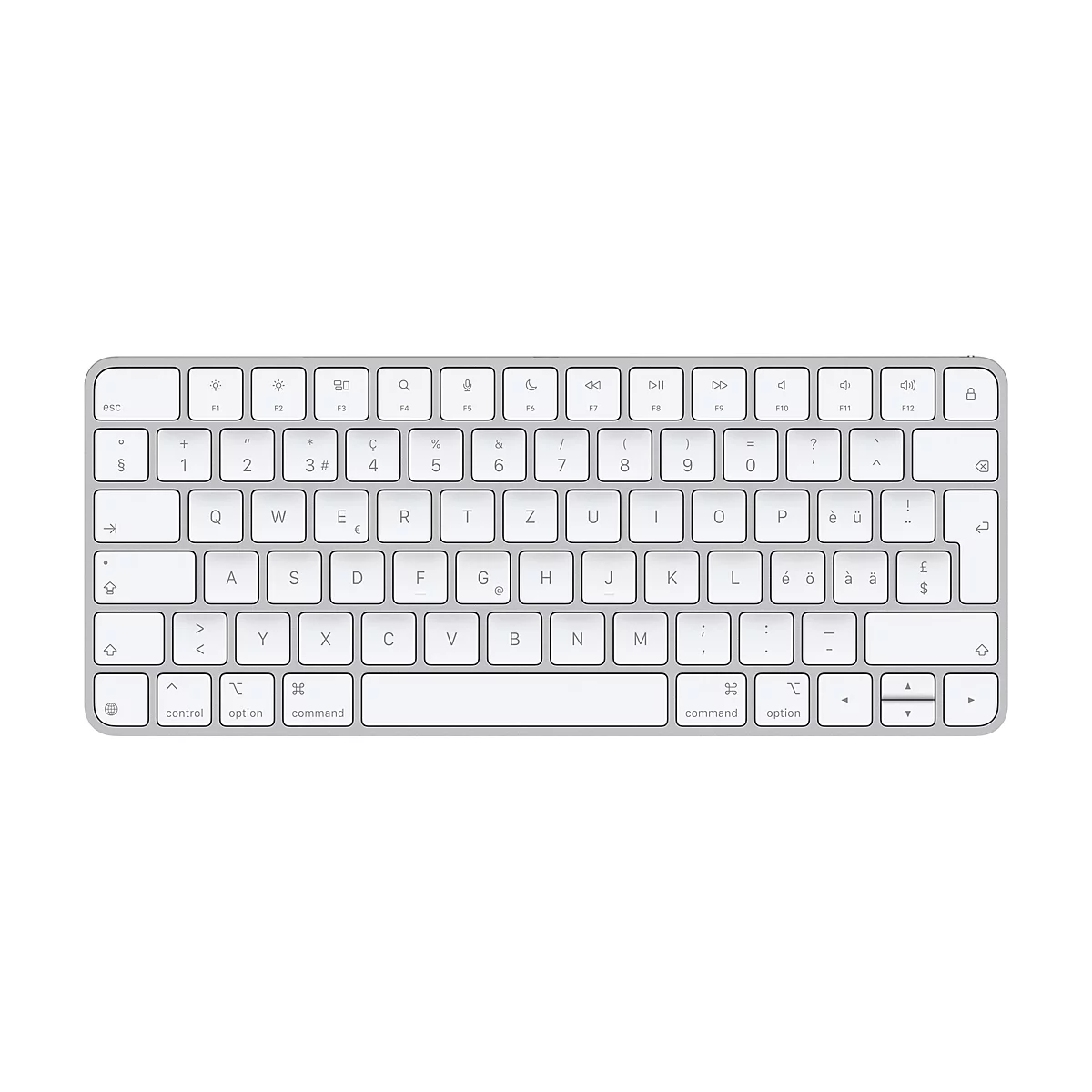 Draufsicht auf eine silberfarbene Apple-Tastatur mit weißen Tasten. Buchstaben, Zahlen und Sonderzeichen sind deutlich beschriftet.