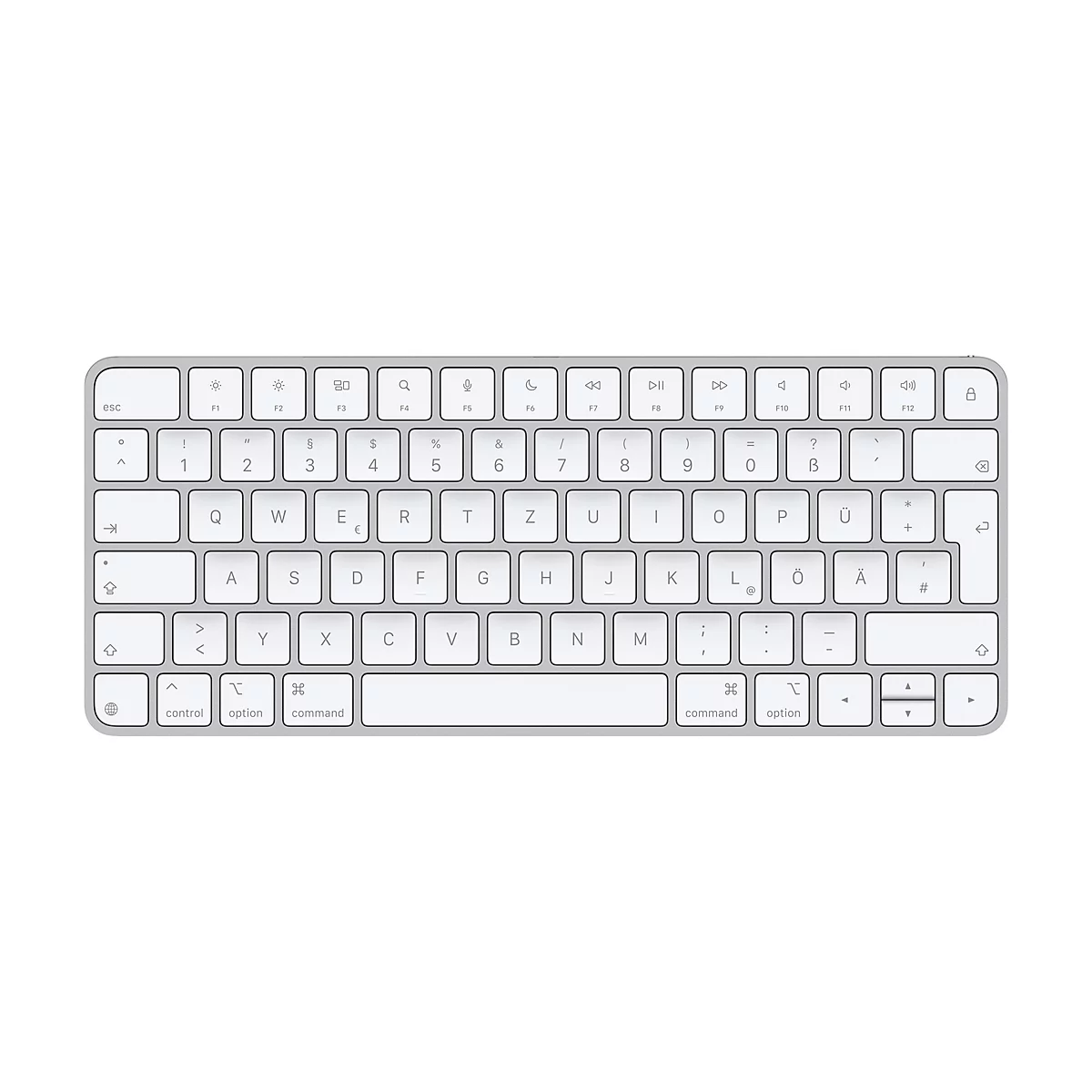 Draufsicht auf eine silberne Apple-Tastatur auf weißem Hintergrund.
