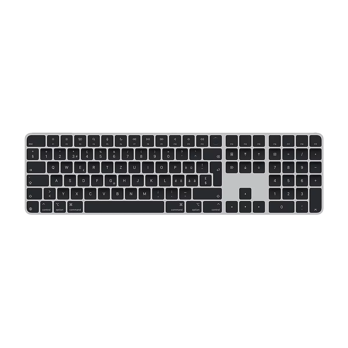 Draufsicht auf eine silberfarbene Apple Magic Keyboard mit schwarzen Tasten. Die Tastatur zeigt verschiedene Symbole und Zeichen.