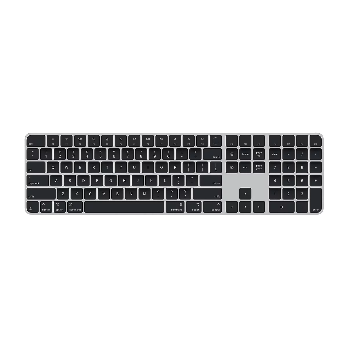 Draufsicht auf eine silberne Apple Magic Keyboard Tastatur mit schwarzen Tasten. Alle Tasten sind sichtbar, einschließlich Funktionstasten, Buchstaben und Zahlen.