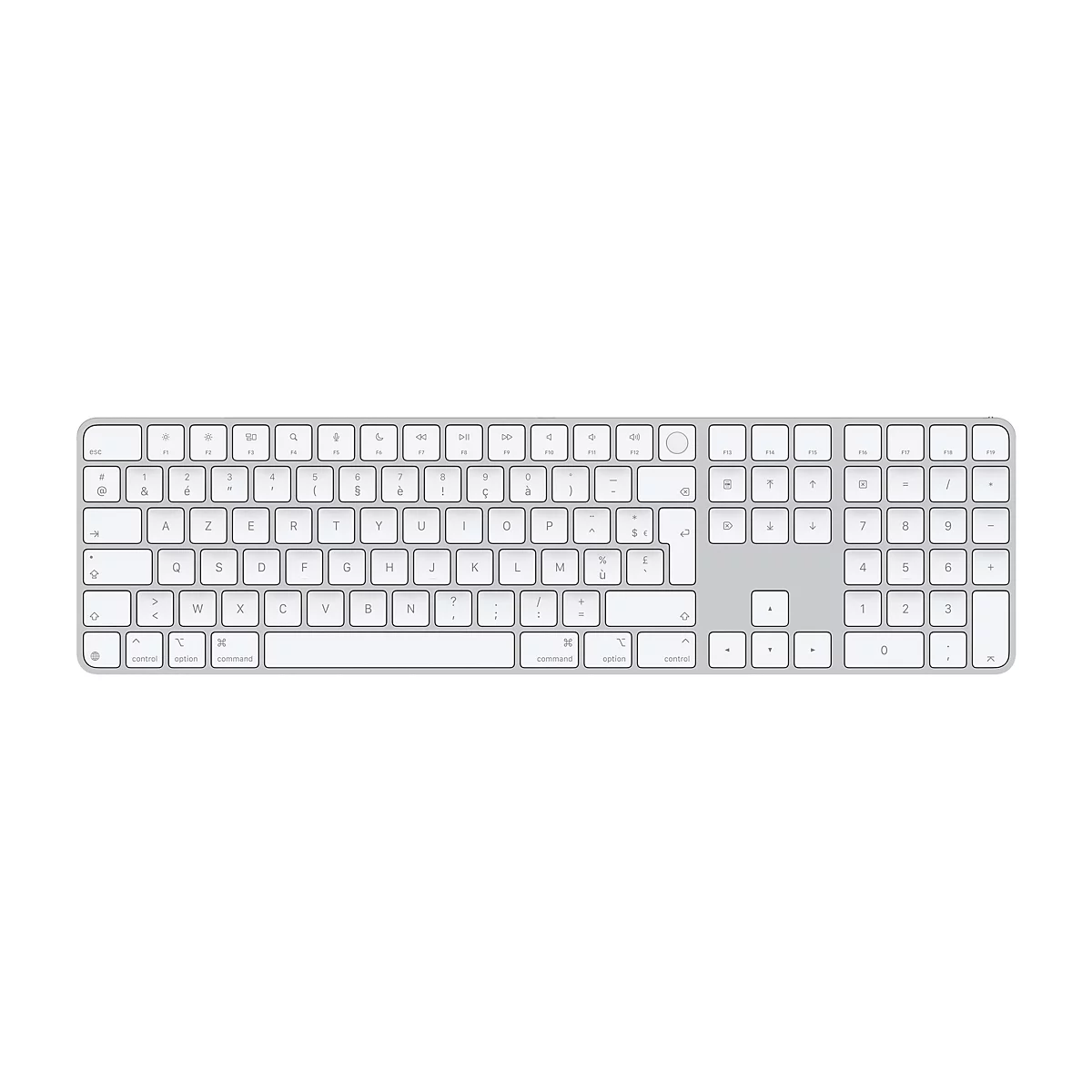 Draufsicht auf eine silberne Apple Magic Keyboard Tastatur auf weißem Hintergrund. Die Tastatur zeigt ein typisches QWERTZ-Layout mit Funktionstasten.