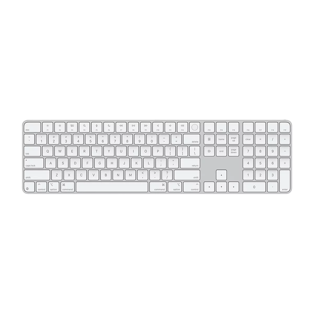 Draufsicht auf eine silberne Apple-Tastatur auf weißem Hintergrund. Die Tasten sind mit schwarzen Buchstaben und Symbolen beschriftet.