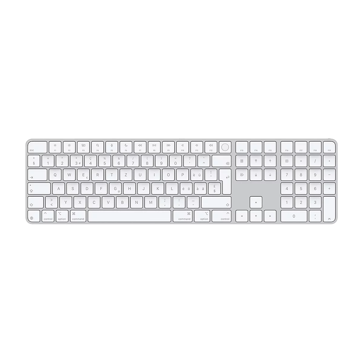 Draufsicht auf eine silberfarbene Apple Magic Keyboard. Das Layout der Tasten ist deutlich zu erkennen, mit weißen Buchstaben und Symbolen auf dunklen, rechteckigen Tasten. Die Tastatur liegt auf einem weißen Hintergrund.