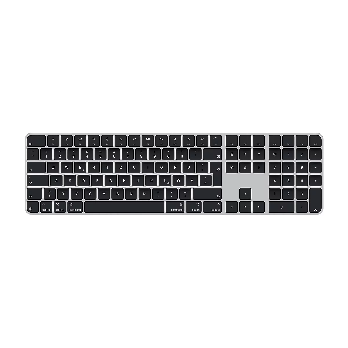 Draufsicht auf eine silberne Apple Magic Keyboard mit schwarzen Tasten. Tasten mit Buchstaben, Zahlen, Sonderzeichen, Funktionstasten und Command-Tasten.