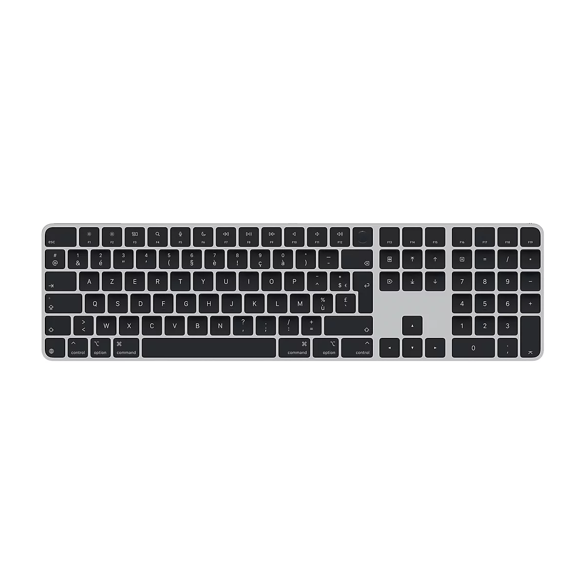Draufsicht auf eine silberfarbene Apple Magic Keyboard mit schwarzen Tasten. Die Tastatur hat ein schlankes Design mit einer französischen QWERTZ-Tastenanordnung.