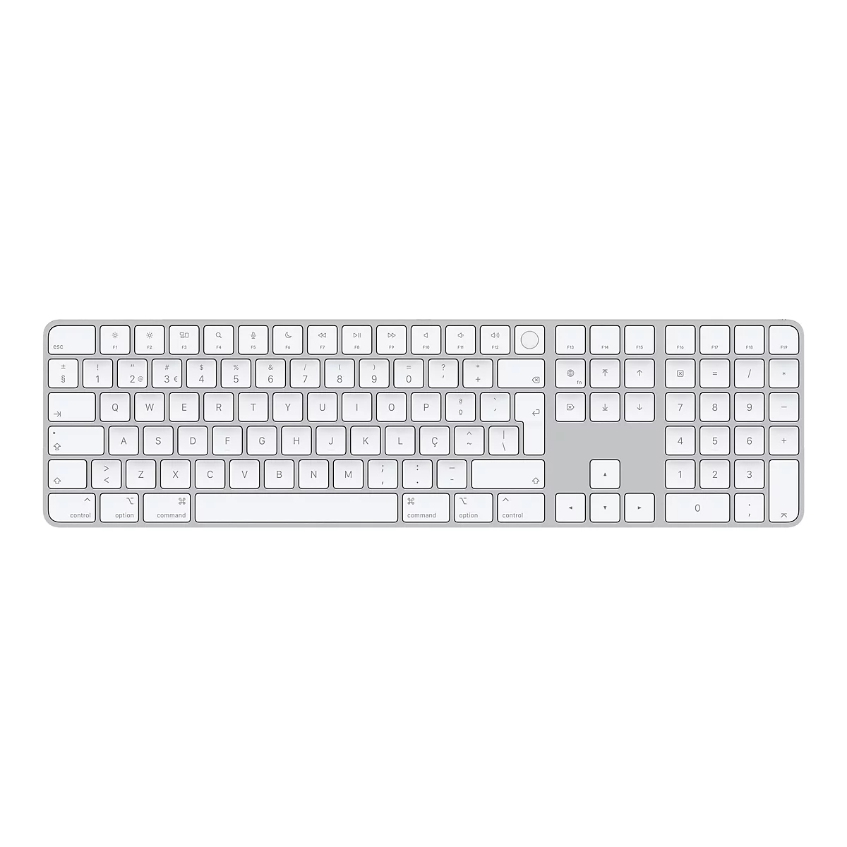 Draufsicht auf eine silberfarbene Apple-Tastatur mit weiÃŸen Tasten. Die Tastatur liegt auf einem weiÃŸen Hintergrund.