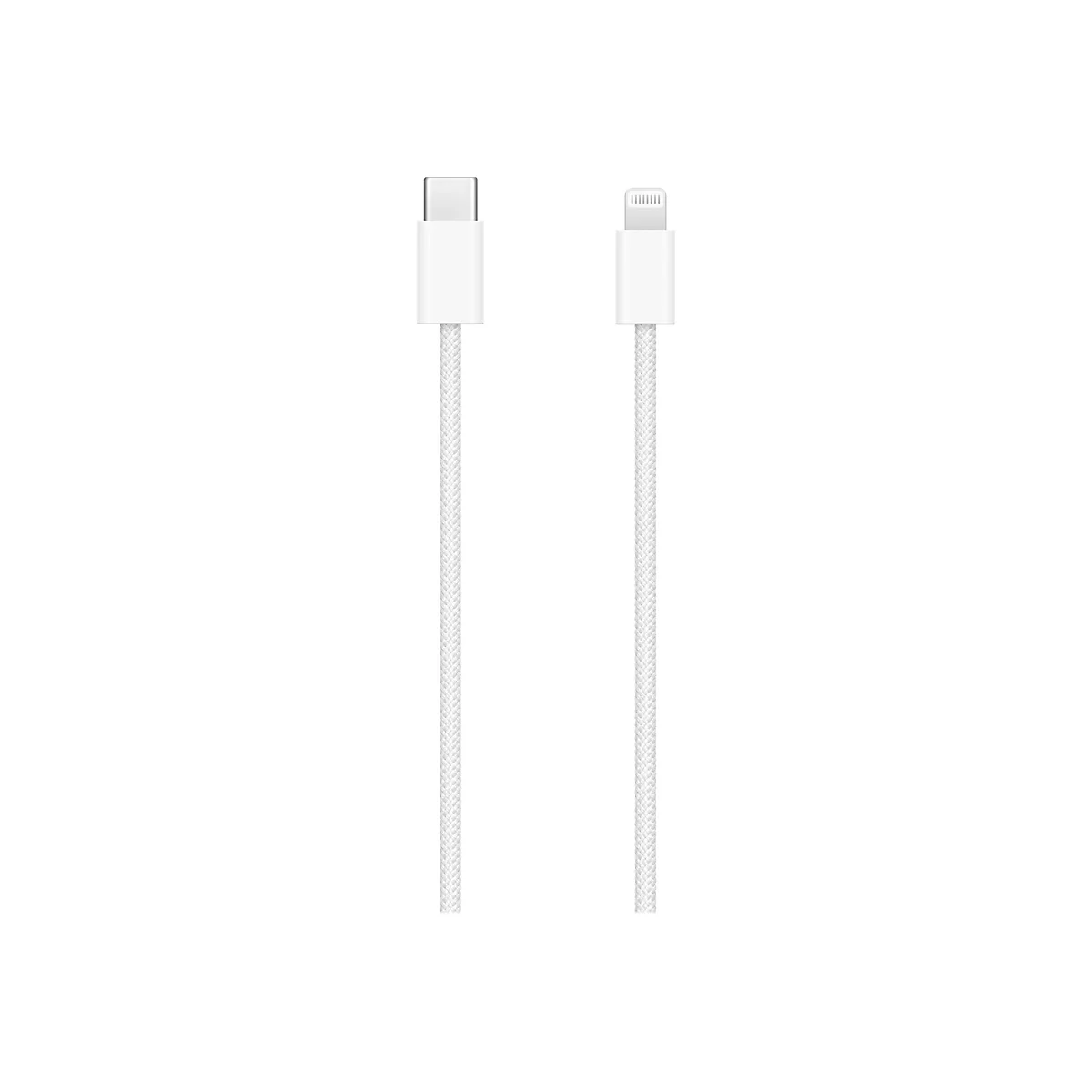 WeiÃŸes Ladekabel mit USB-C und Lightning-Anschluss, geflochten.