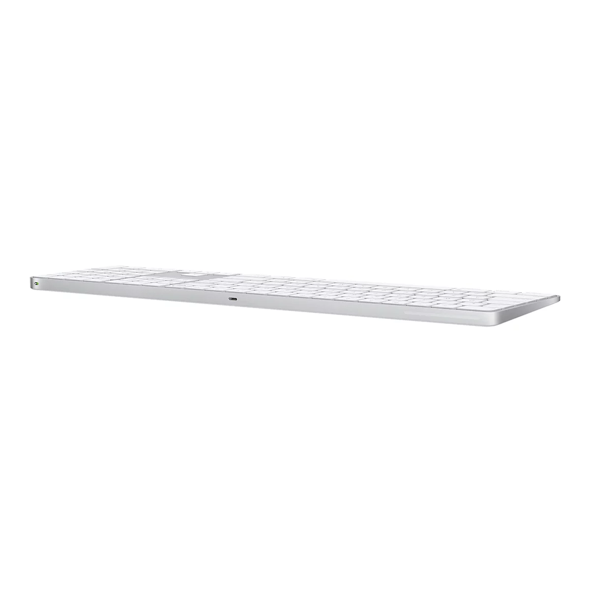Eine weiÃŸe, schlanke Tastatur in Nahaufnahme vor weiÃŸem Hintergrund. Sie hat rechteckige Tasten und ein AluminiumgehÃ¤use.