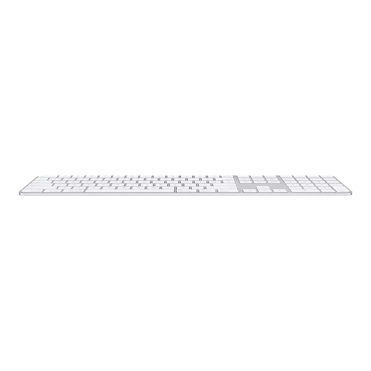 Weisse Computertastatur vor weissem Hintergrund. Seitliche Ansicht mit Tasten und Nummernblock.