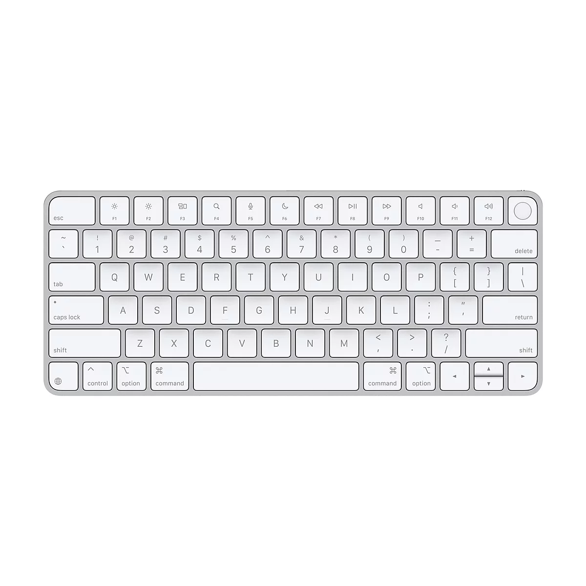 Hellgraue Apple Magic Keyboard. Tasten in Weiß mit Symbolen und Buchstaben. Auf weißem Grund fotografiert.