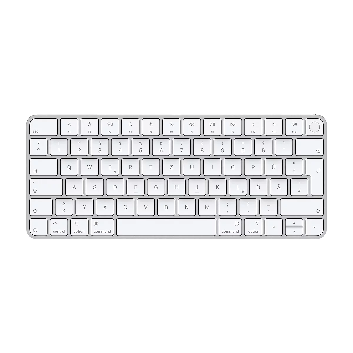 Eine silberfarbene Apple Magic Keyboard von oben. Die Tasten sind weiß mit schwarzen Buchstaben und Symbolen.