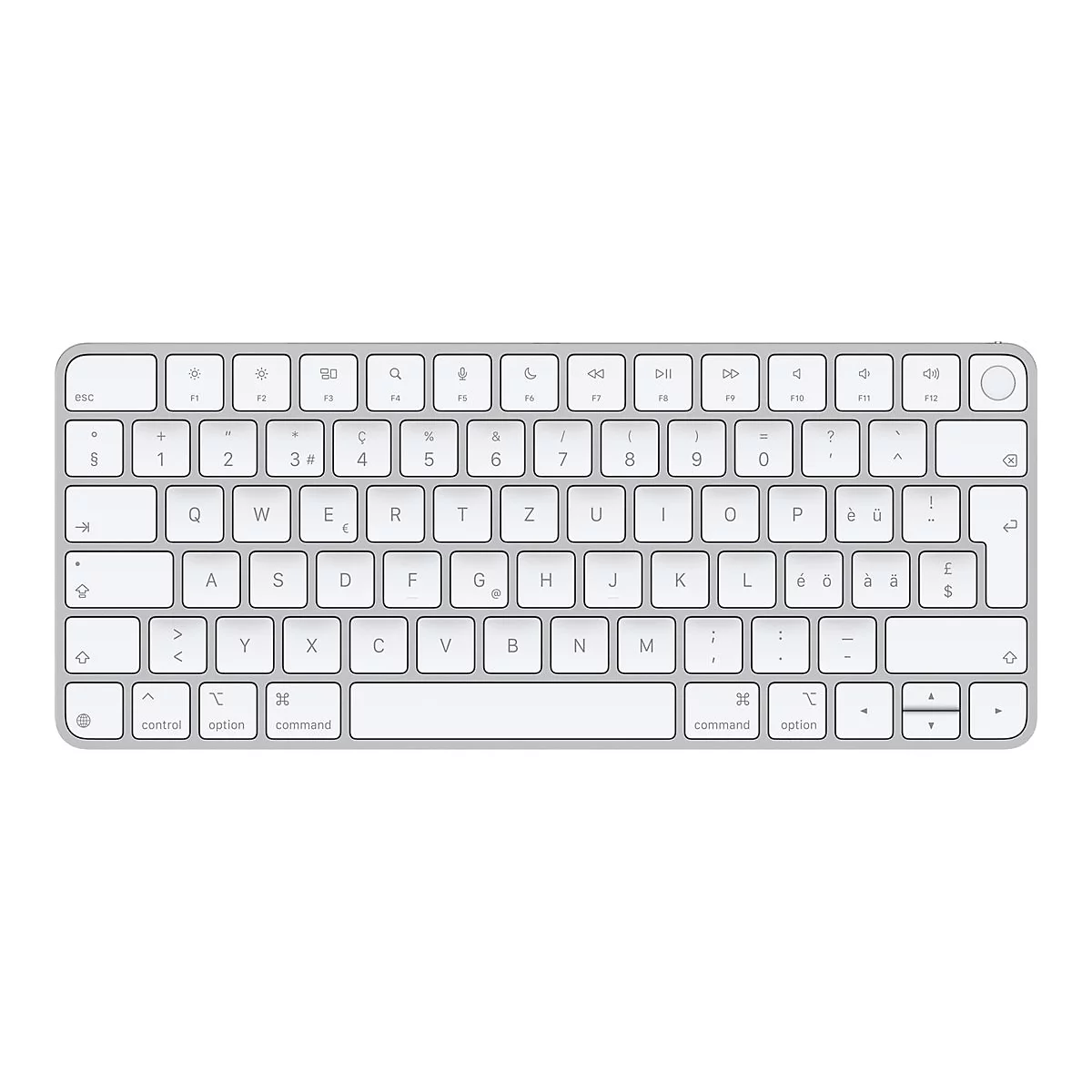 Ein silbernes Apple Magic Keyboard mit weiÃŸen Tasten und einem deutschen Layout, vor weiÃŸem Hintergrund.