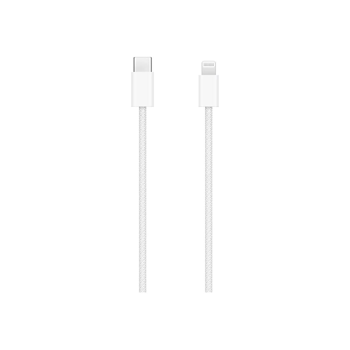 Ein weißes USB-C-auf-Lightning-Kabel mit geflochtener Ummantelung vor weißem Hintergrund.