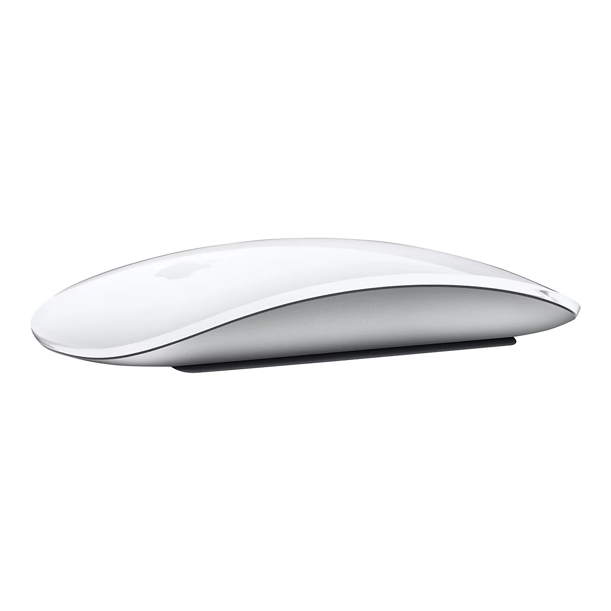 Draufsicht auf eine weiße Apple Magic Mouse mit silberner Unterseite auf weißem Hintergrund.