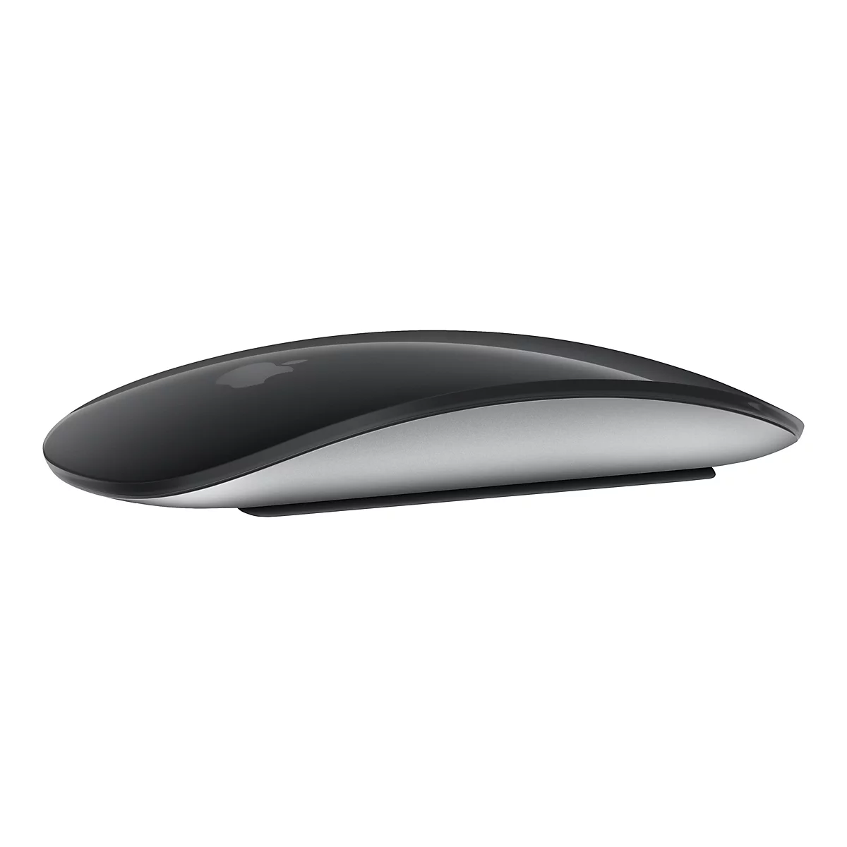 Draufsicht auf eine Apple Magic Mouse. Die Maus hat eine glatte, schwarze Oberseite mit dem Apple-Logo und eine silberne Unterseite.