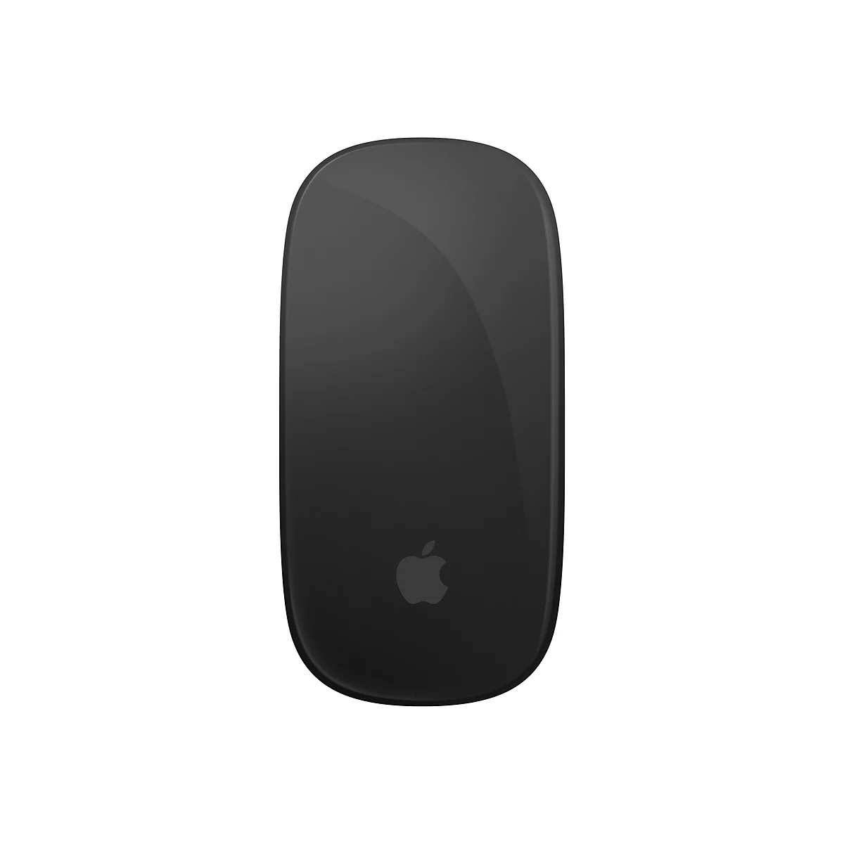 Schwarze Apple Magic Mouse, Draufsicht auf weißem Hintergrund. Das Apple-Logo ist sichtbar.