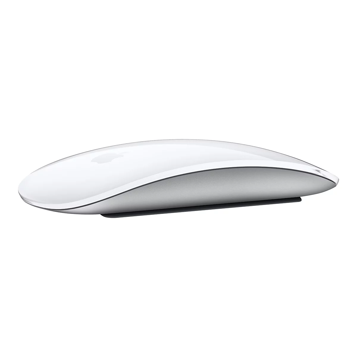 Weiße, flache Apple Magic Mouse in Seitenansicht vor weißem Hintergrund.