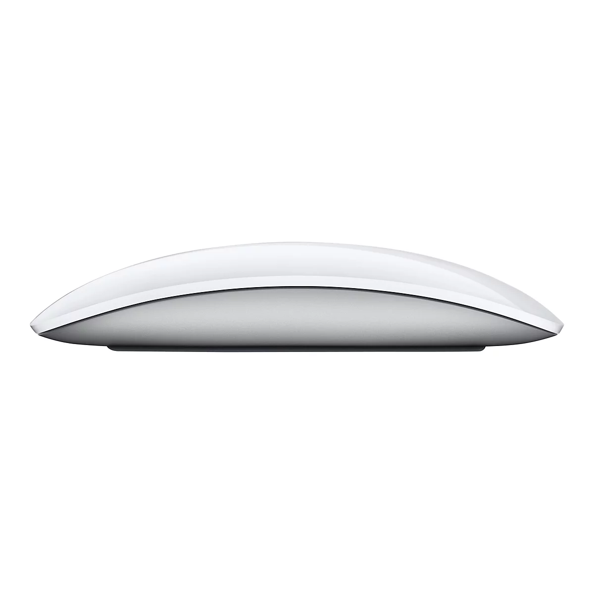 Nahaufnahme einer weißen Apple Magic Mouse, seitlich betrachtet. Die Maus hat eine flache, ovale Form und eine silberfarbene Unterseite.