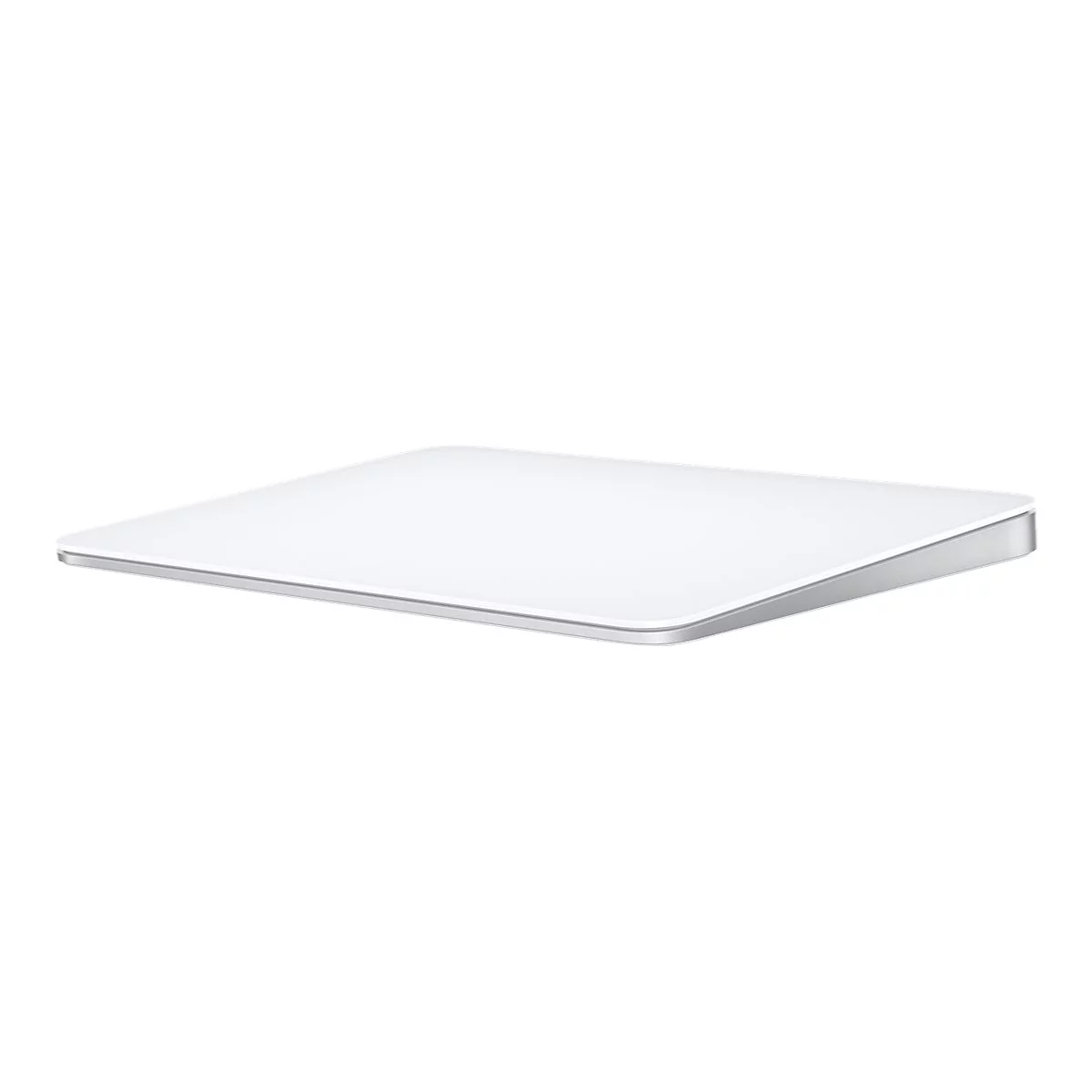 WeiÃŸes Apple Magic Trackpad auf weiÃŸem Hintergrund. Es ist rechteckig mit abgerundeten Ecken und einem silbernen Rand.