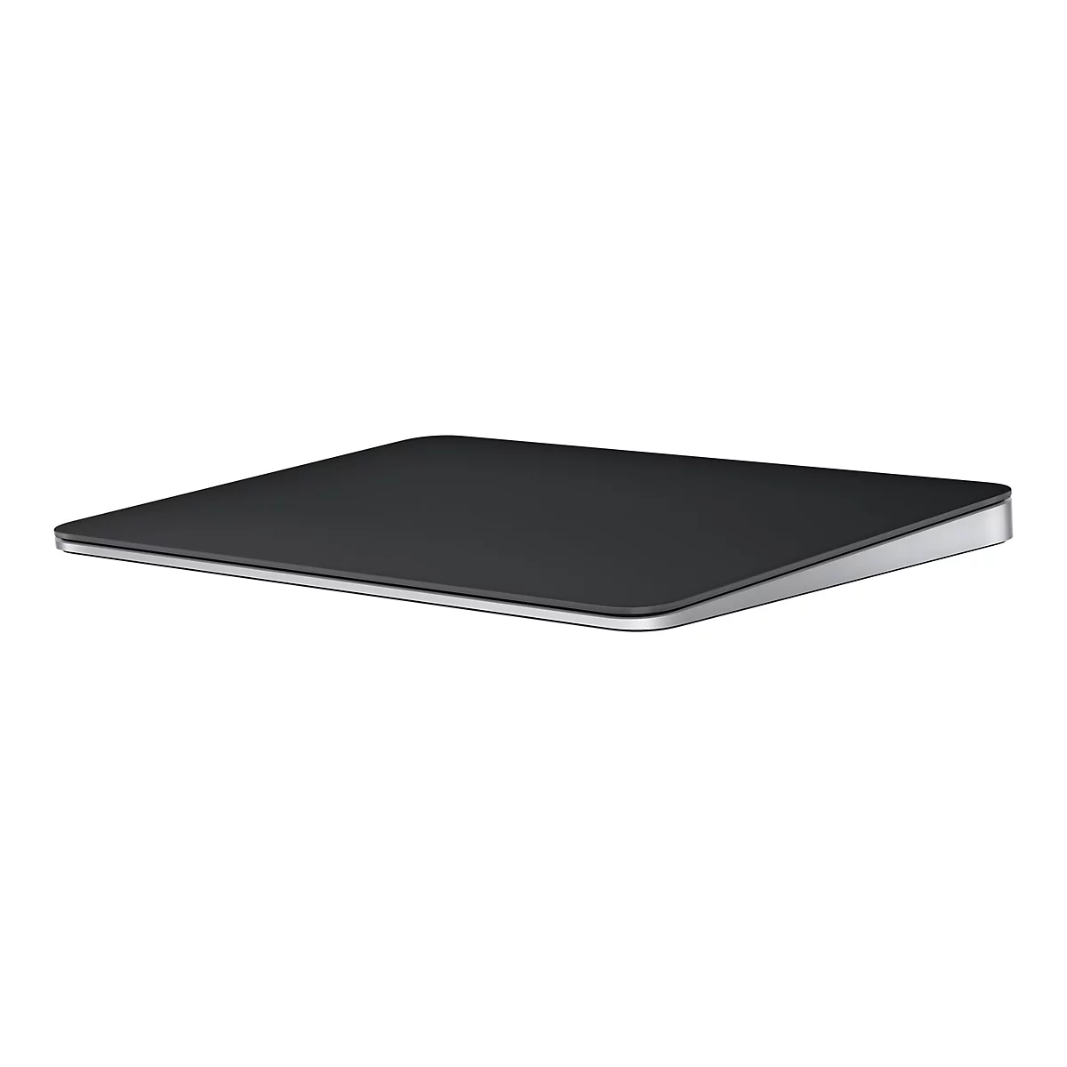 Ein schwarzes Magic Trackpad auf weißem Grund. Das Trackpad hat eine schwarze Oberfläche und einen silbernen Rand.
