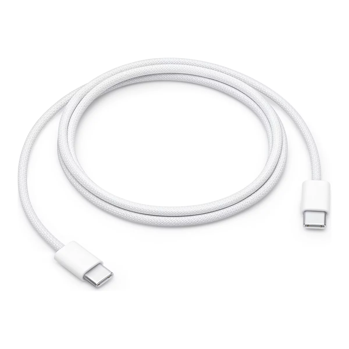Câble USB-C blanc enroulé sur fond blanc. Connecteurs blancs visibles aux deux extrémités.