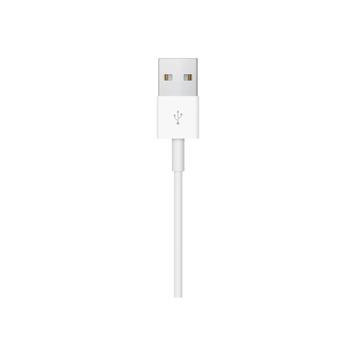 Un câble USB blanc avec connecteur et port, sur fond blanc.