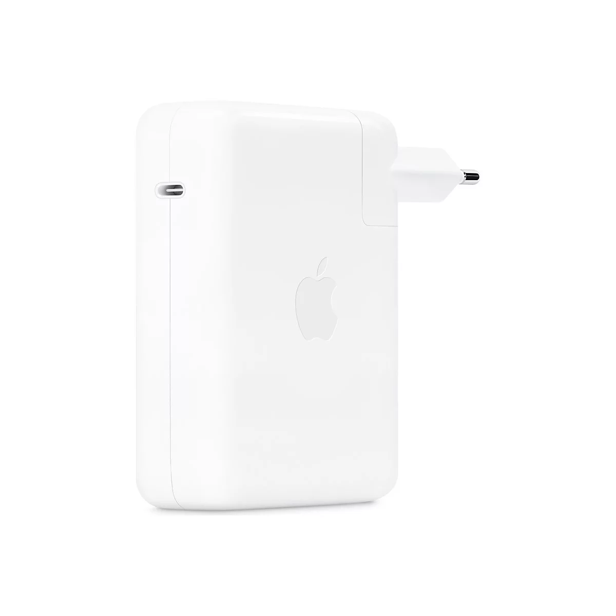 Weißes Apple-Ladegerät, EU-Stecker, USB-C-Anschluss, Apfel-Logo.
