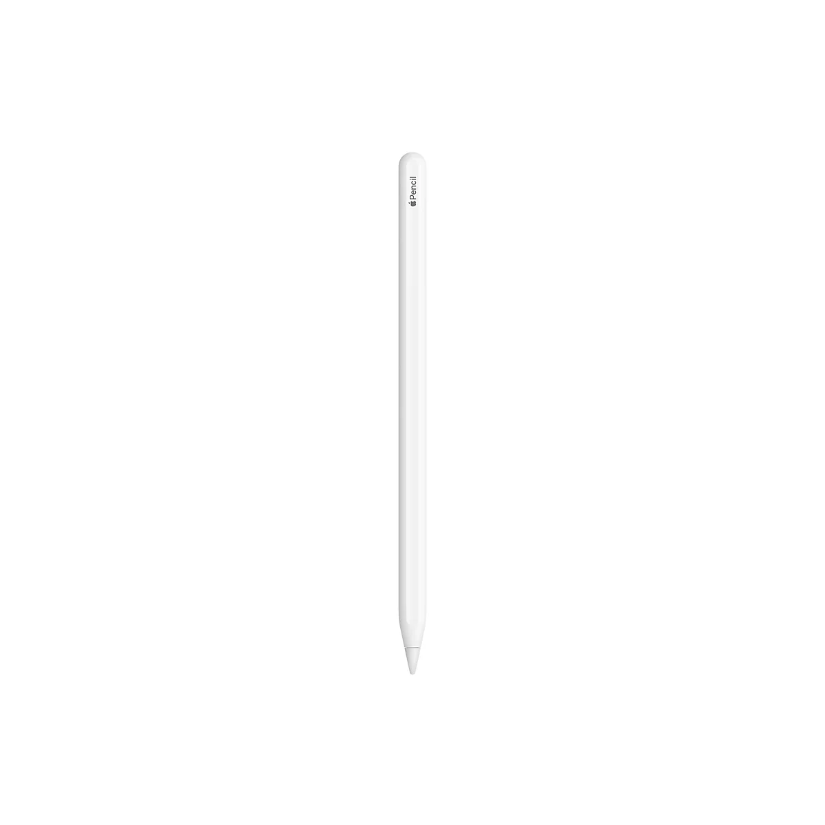 Apple Pencil blanc sur fond blanc. Le mot "Pencil" est écrit en haut.