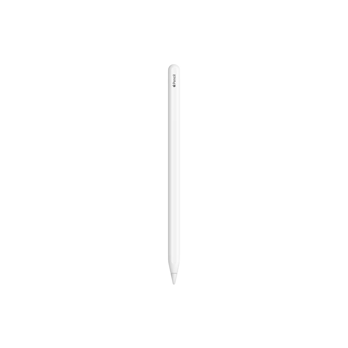 Weißer Apple Pencil auf weißem Hintergrund. Der Stift ist schlank und hat die Aufschrift "Pencil".
