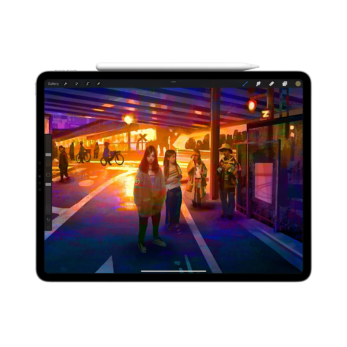 Künstlerische Darstellung eines iPads mit einer Szene: Mehrere Personen in einer belebten Stadt, die im digitalen Malstil dargestellt wurde.