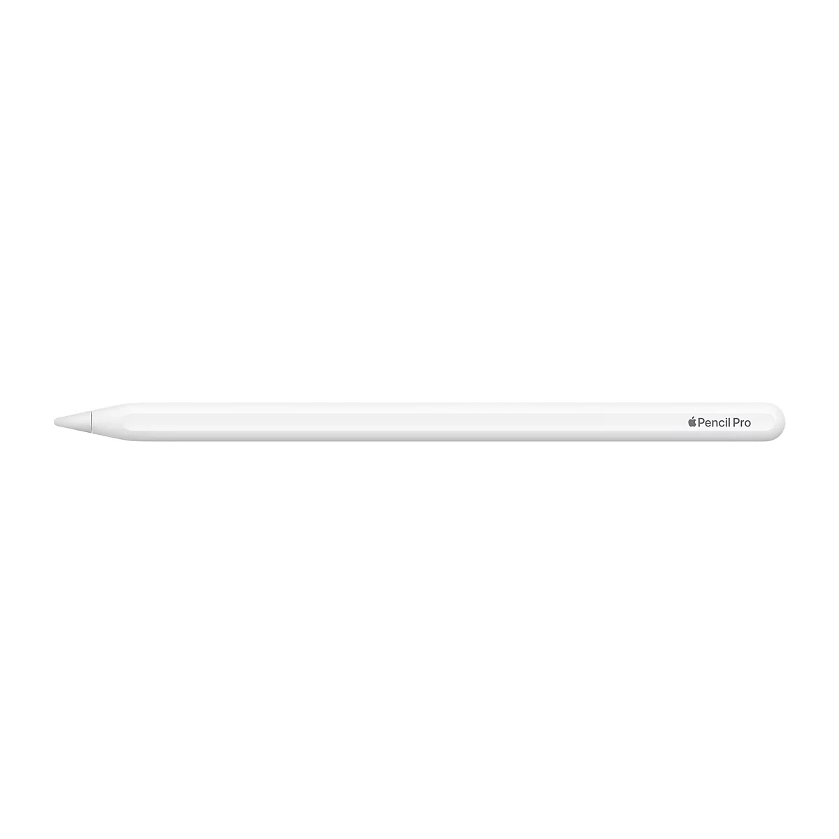 Weißer Apple Pencil Pro, liegt horizontal vor weißem Hintergrund. Auf dem Stift steht "Pencil Pro".