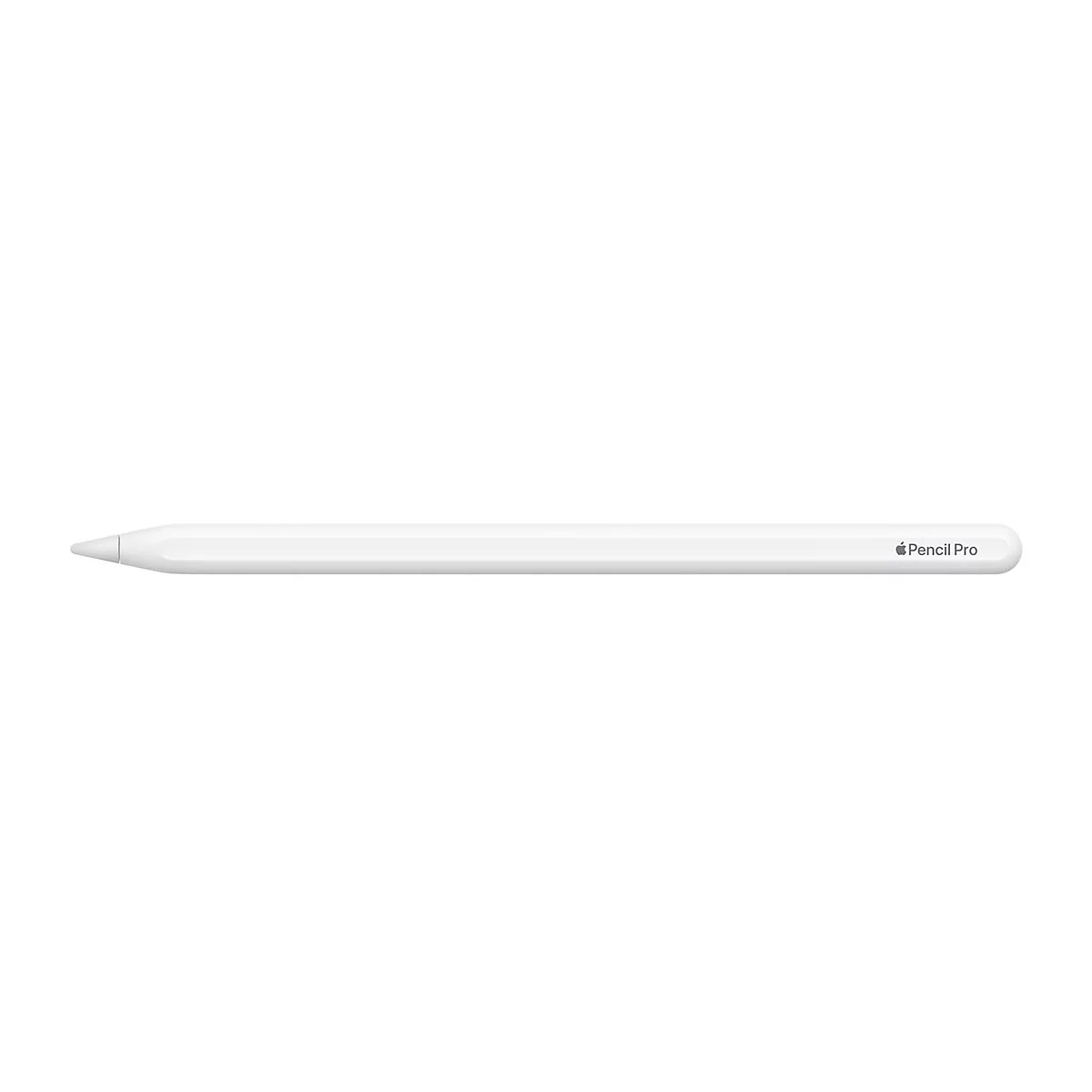 Apple Pencil Pro blanc sur fond blanc. “Pencil Pro” est écrit à la fin.