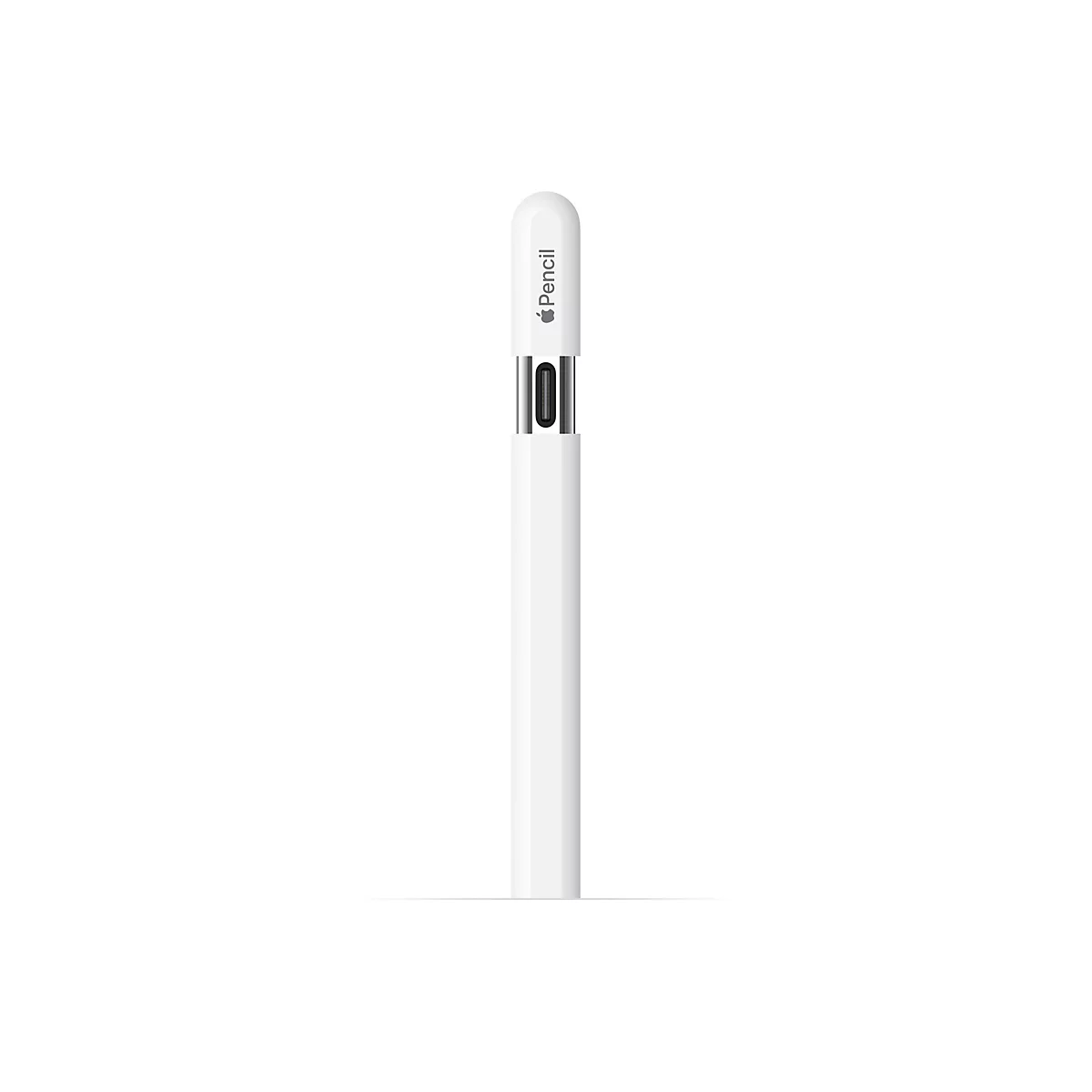Weißer Apple Pencil mit Logo und Spitze nach oben, vor weißem Hintergrund. Der Stift hat eine längliche Form mit einer abgerundeten Spitze.