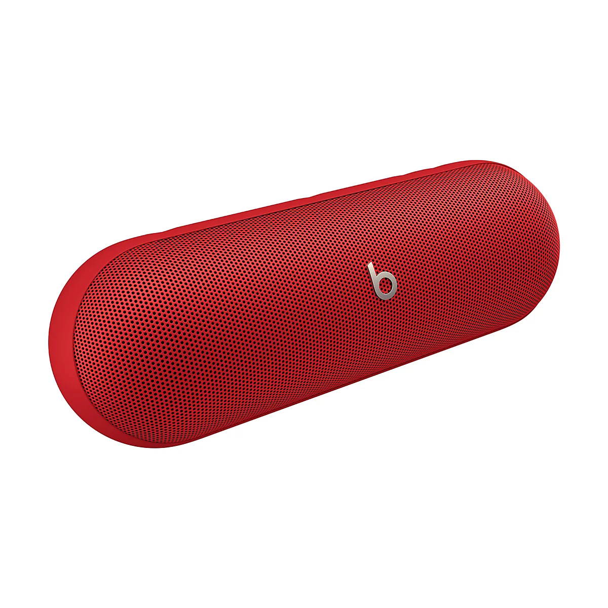 Enceinte Beats Pill rouge avec grille en maille. Le logo Beats argenté est visible sur la surface.