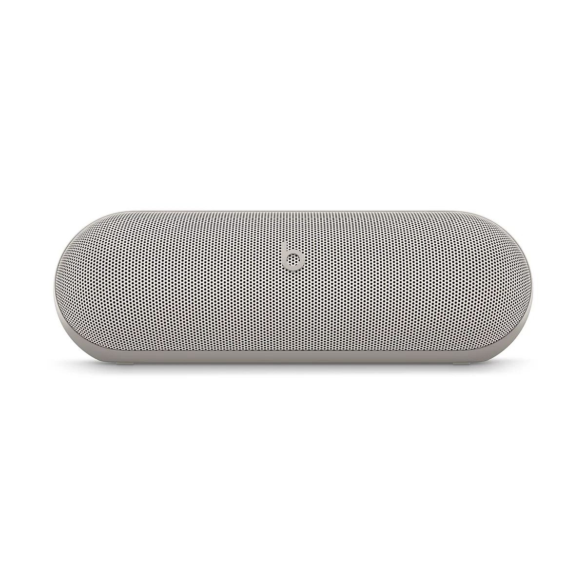 Beige, zylinderförmiger Bluetooth-Lautsprecher von Beats mit mittigem Logo vor weißem Hintergrund.