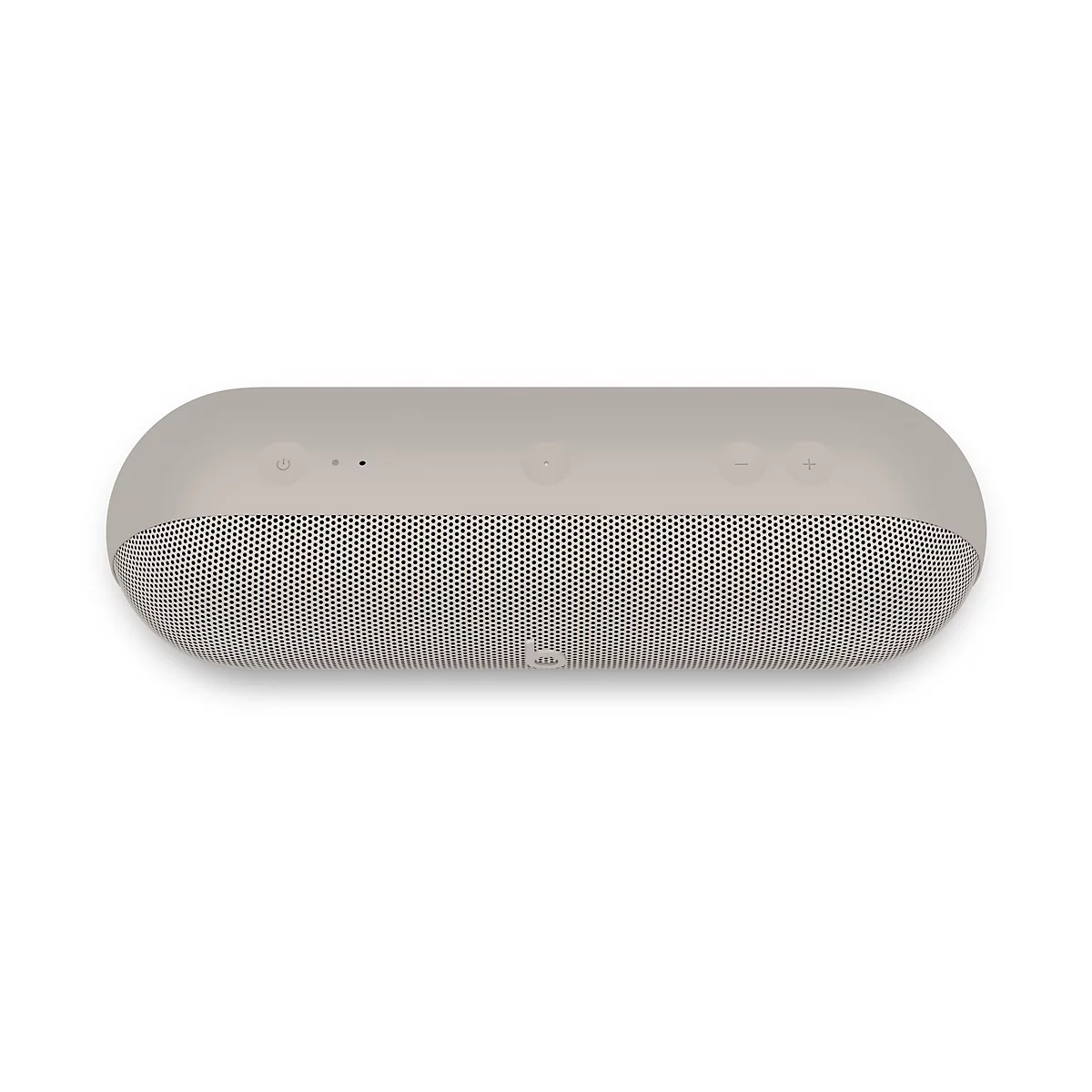 Beige, zylindrischer Bluetooth-Lautsprecher in Draufsicht mit Tasten für Lautstärke und Power sowie Beats-Logo.
