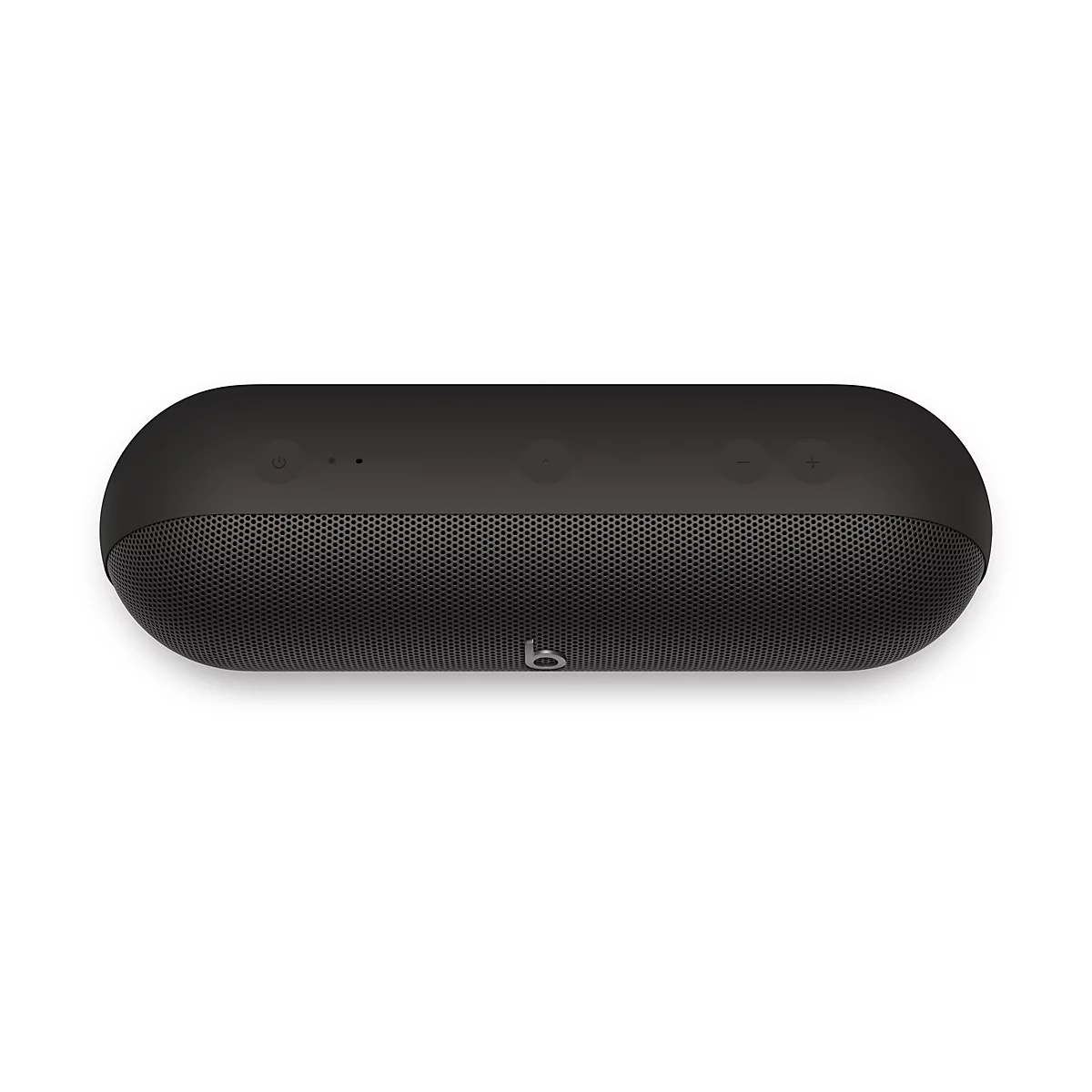 Vue de dessus d'un haut-parleur noir avec des commandes telles qu'un bouton d'alimentation, le volume et le Bluetooth.