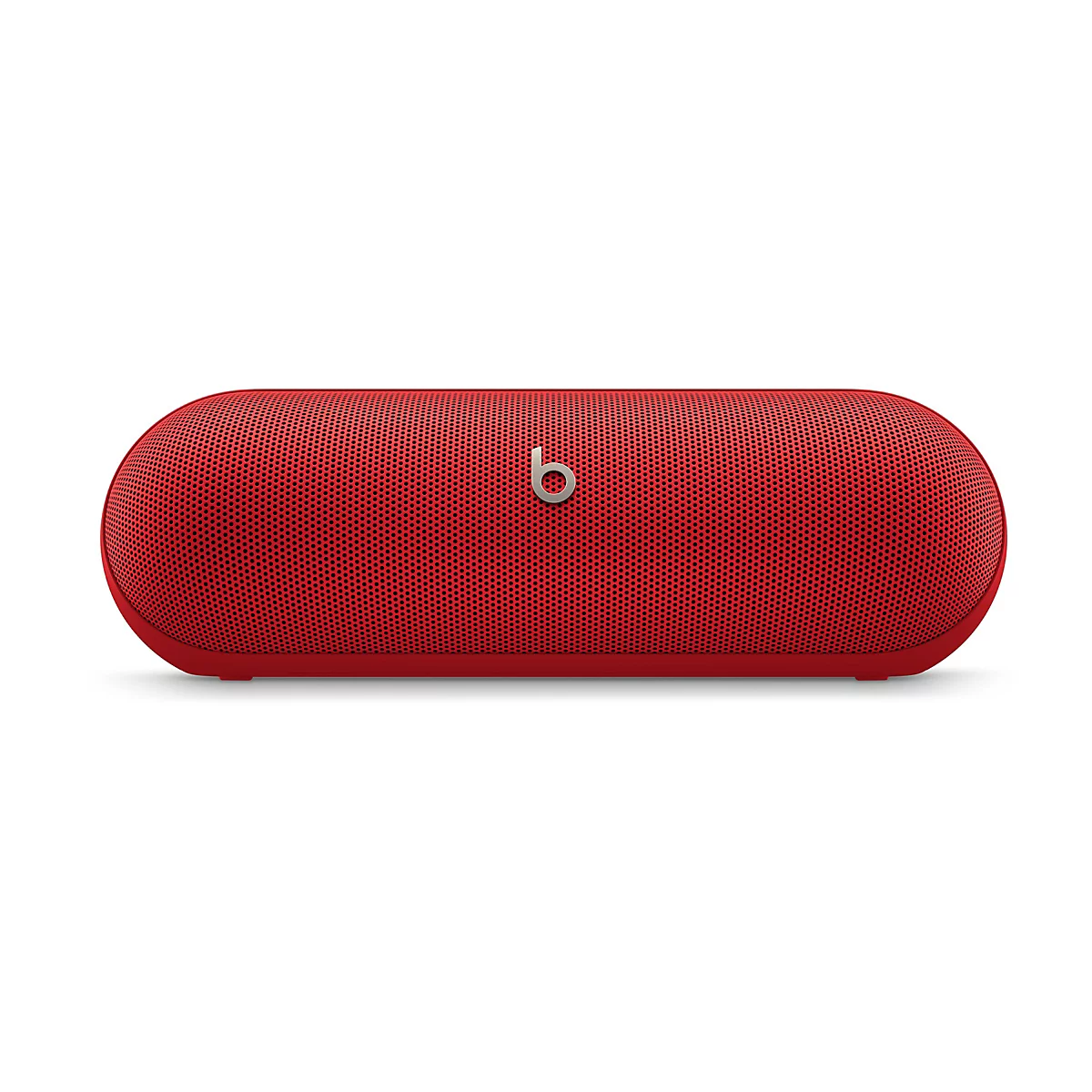 Roter Beats-Lautsprecher vor weißem Hintergrund. Das 'b' Logo ist silberfarben.